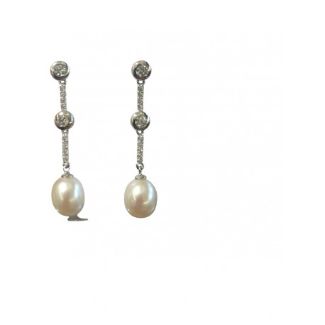 PENDIENTES ORO BLANCO PERLA Y CHATONES CIRCONITA