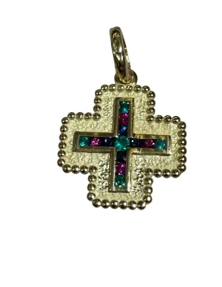 COLGANTE CRUZ ORO ZAFIRO RUBI Y ESMERALDA EN CARR